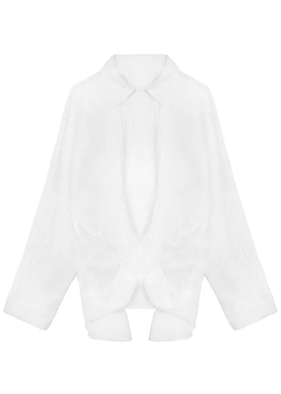 White Peterpan Collar Button Asymmetrical Design Fall Long Sleeve Blouse Tops