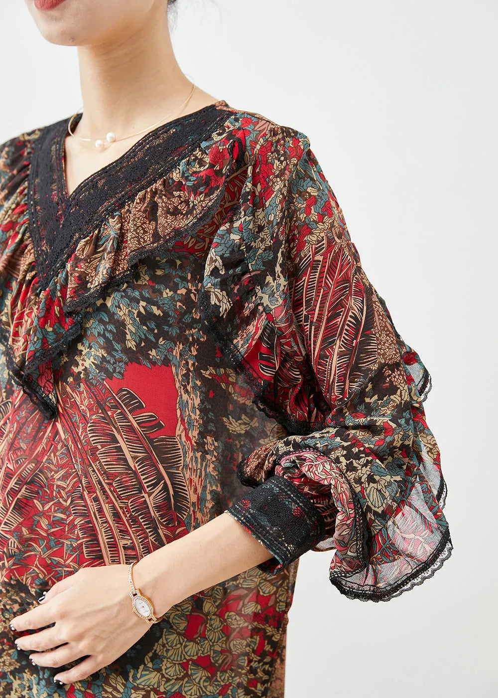 Red Ruffles Patchwork Print Chiffon Shirt Top Fall