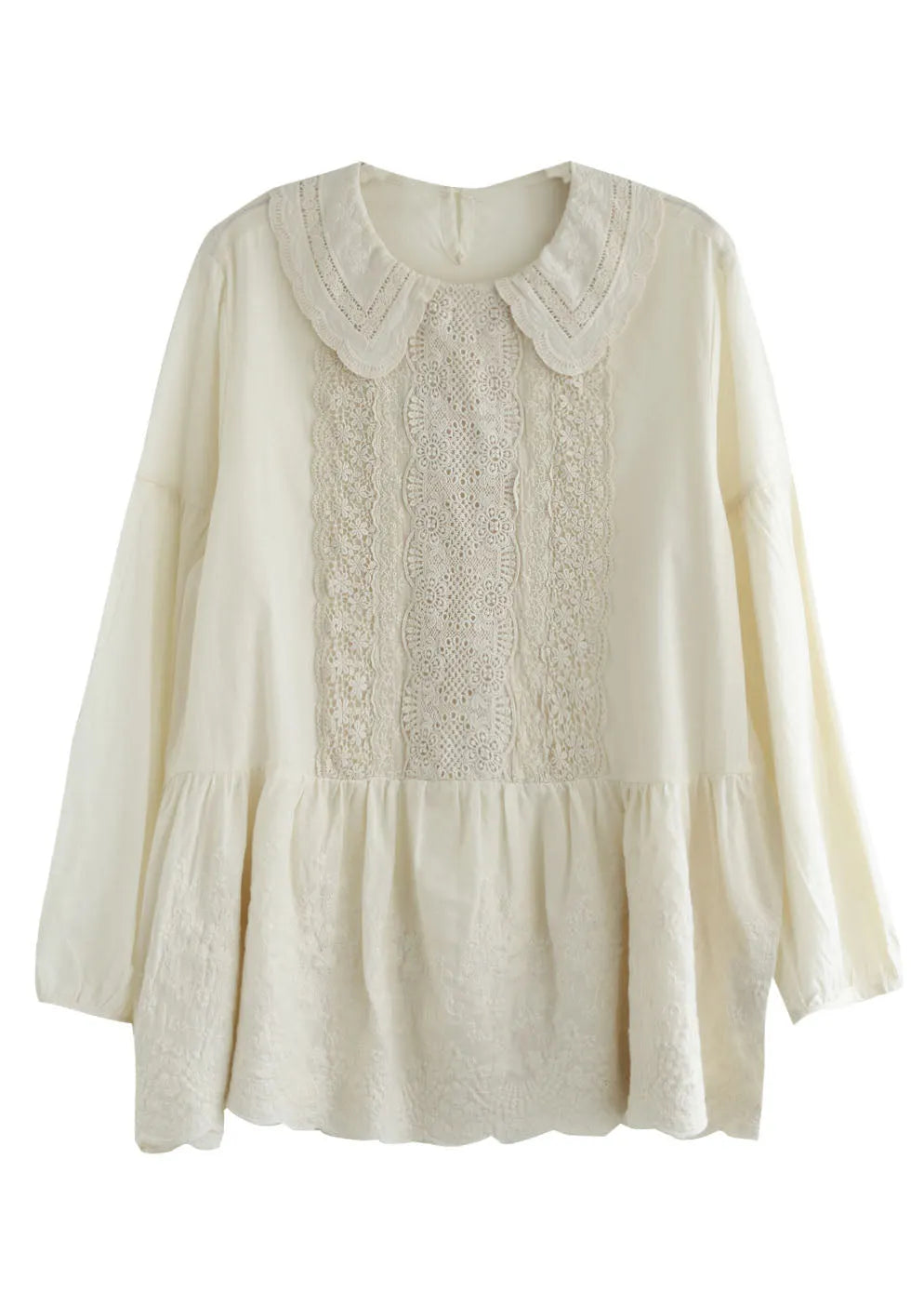 Apricot Peter Pan Collar Embroideried Cotton Shirt Tops Spring