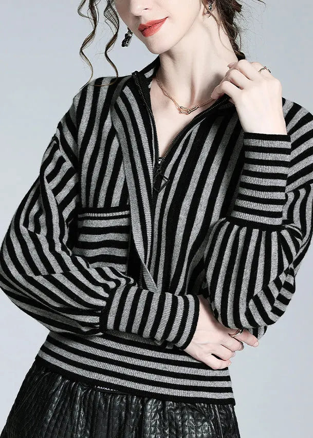 Loose Black Grey Striped Button Woolen Shirts Long Sleeve