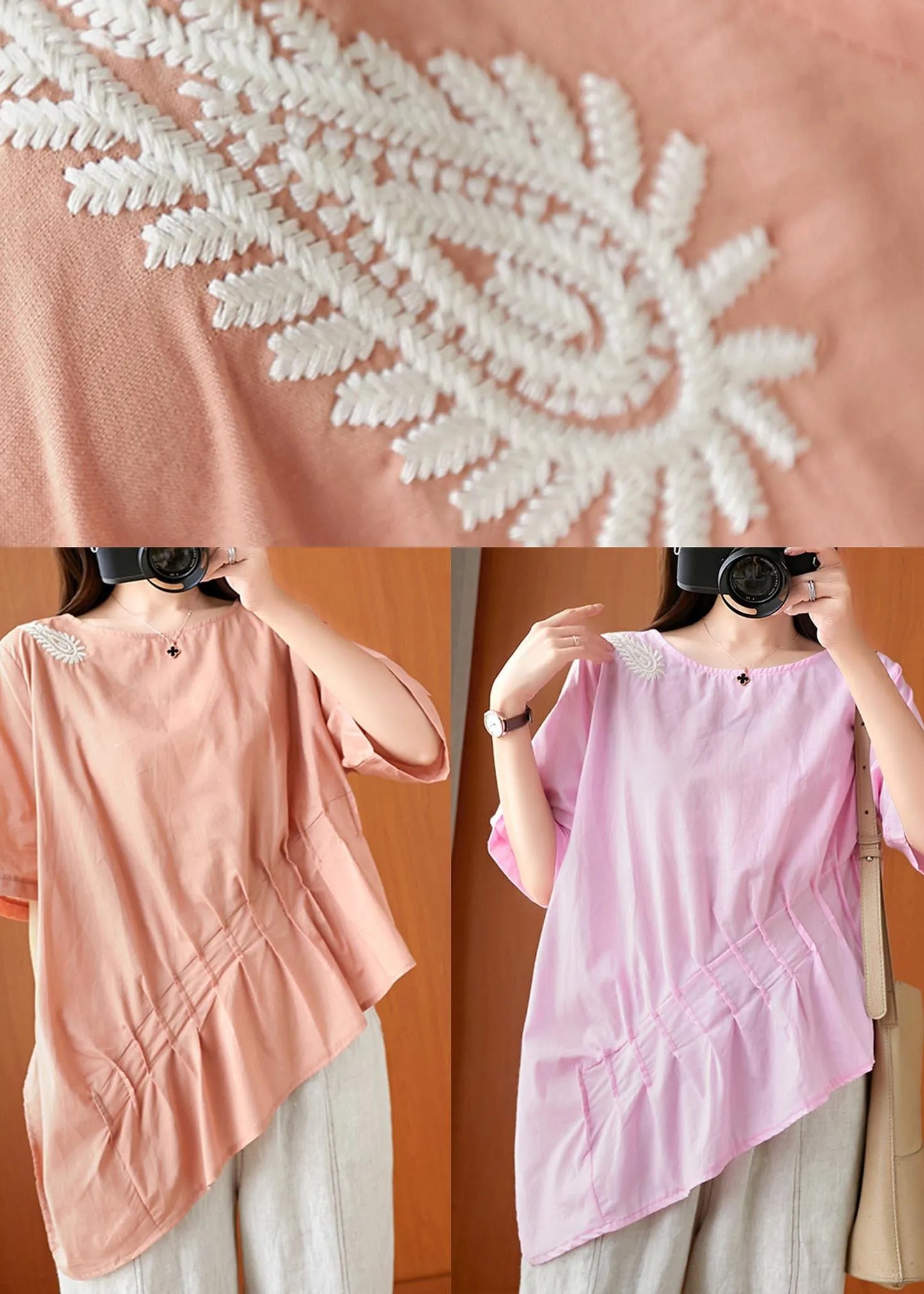 Orange Embroideried Cinched Linen Summer Shirts