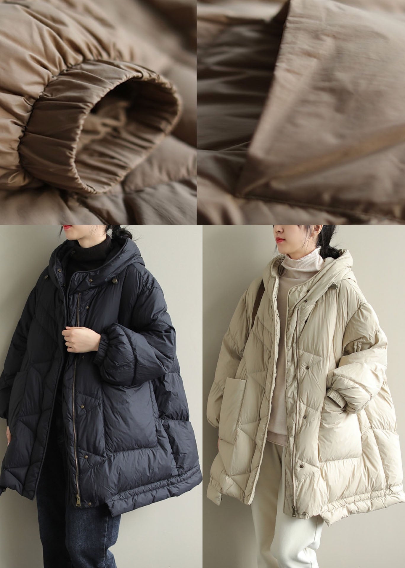 Black Zippered Button Loose Winter Duck Down Jackets