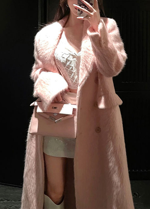 Pink Peter Pan Collar Double Breast Patchwork Woolen Coat Winter