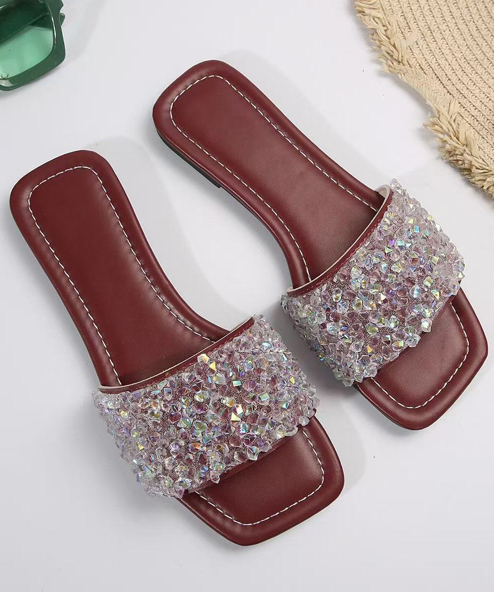 Sequins Splicing Wine Red Faux Leather Slide Sandals
