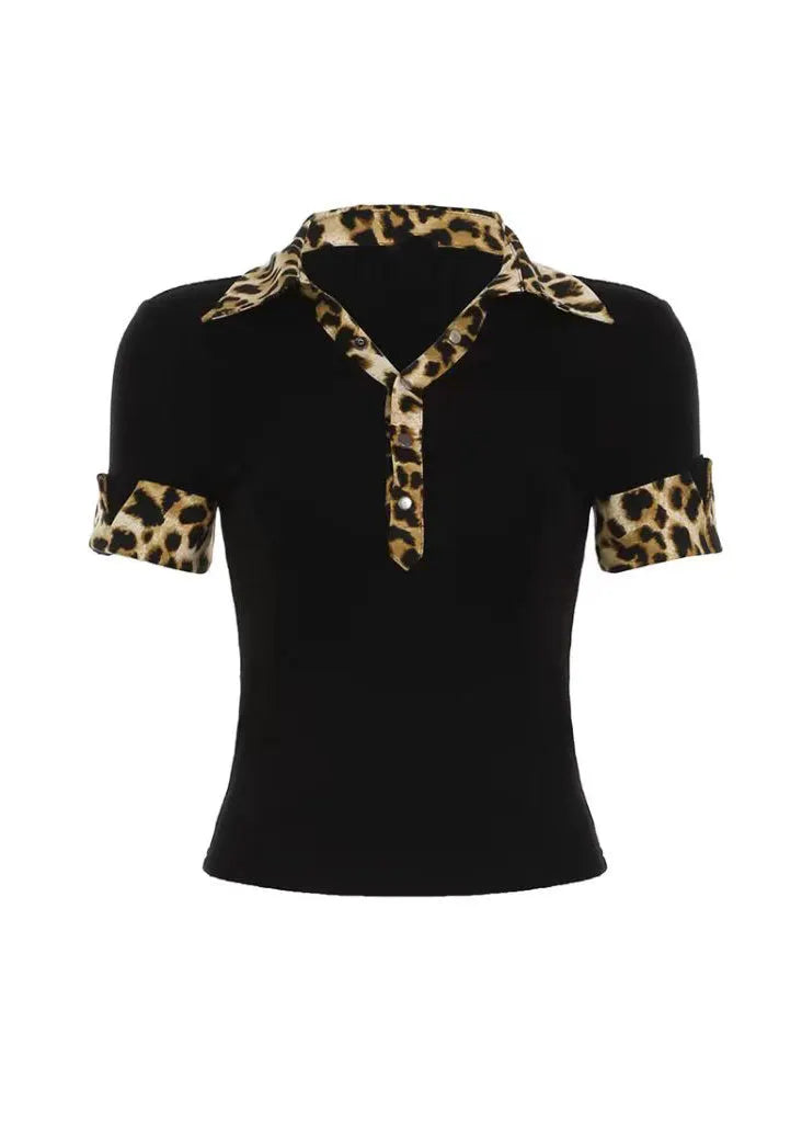 American Leopard Print Peter Pan Collar Patchwork Fake Two T-shirt Summer