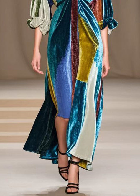 Simple Colorblock V Neck Patchwork Silk Velour Party Dress Fall