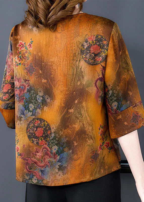 Chinese Style Yellow O-neck Oriental Button Print Silk Blouse Top Half Sleeve