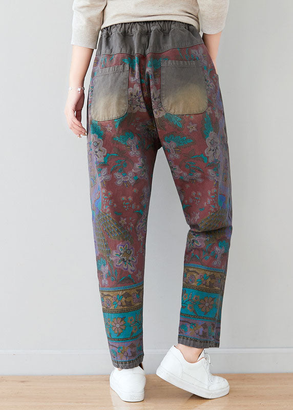 Unique Grey Tie Waist Pockets Patchwork Print Pants Spring