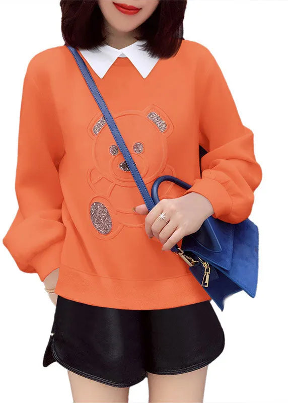 Loose Orange Peterpan Collar Print Fall Pullover Street Wear