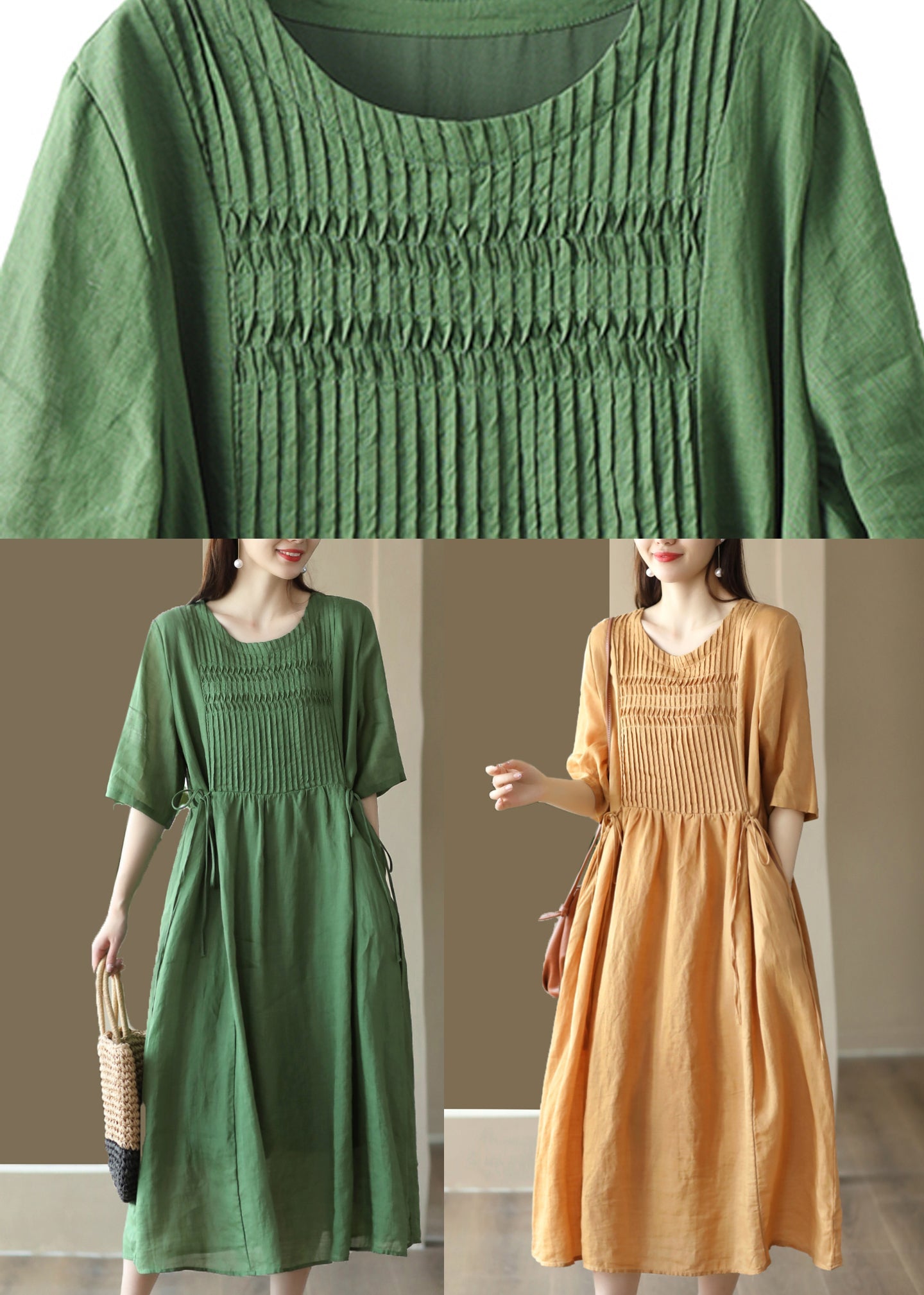 Simple Yellow O-neck Patchwork Linen Long Dresses Summer