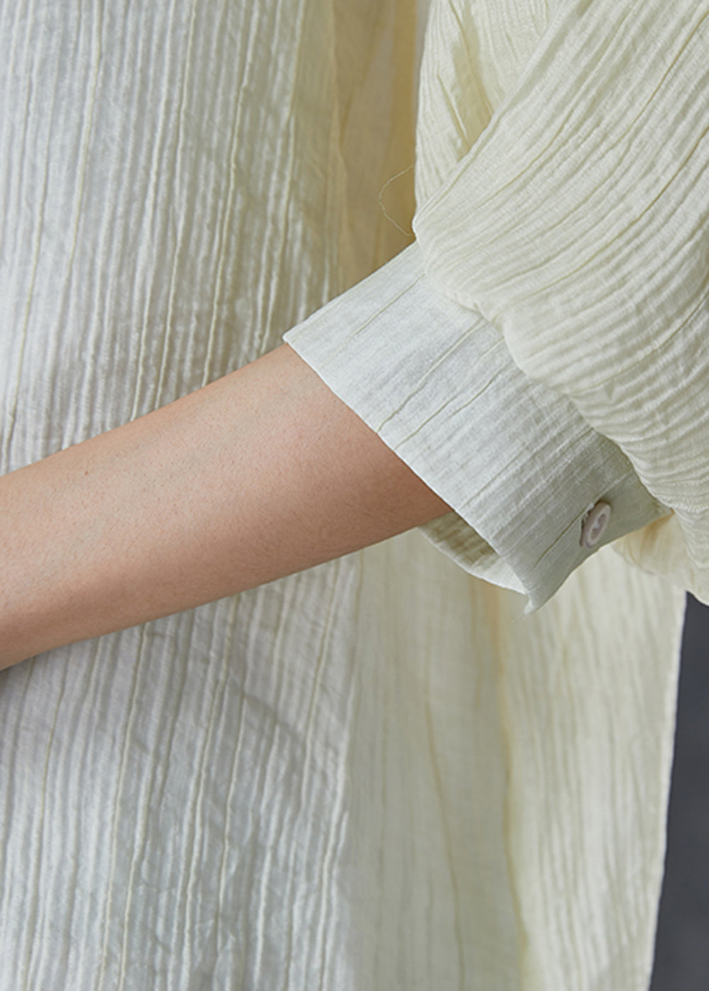 Light Yellow Mandarin Collar Chinese Button Wrinkled Cotton Shirt Fall