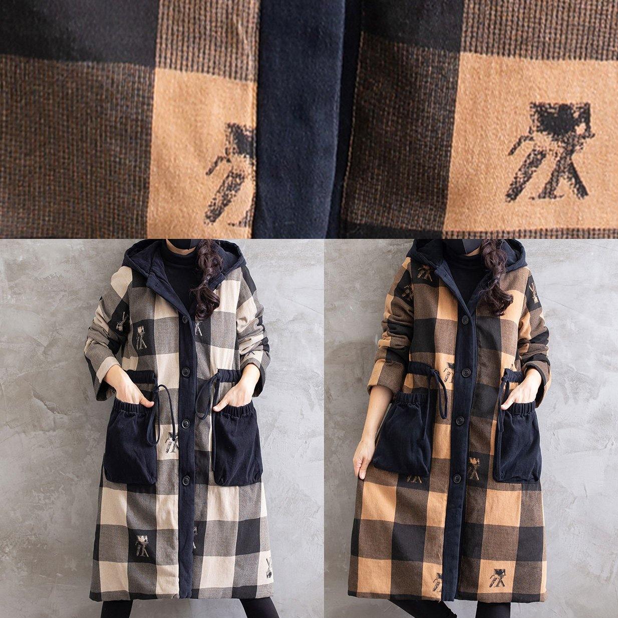 Oversize Coats Yellow Plaid Hooded Drawstring Parkas Coats