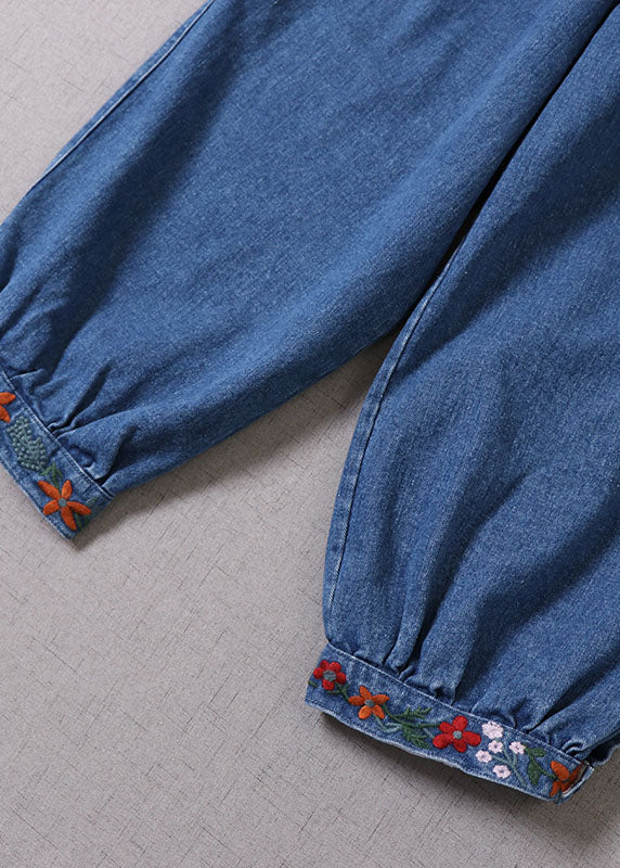 Blue Embroideried Denim Pants Spring