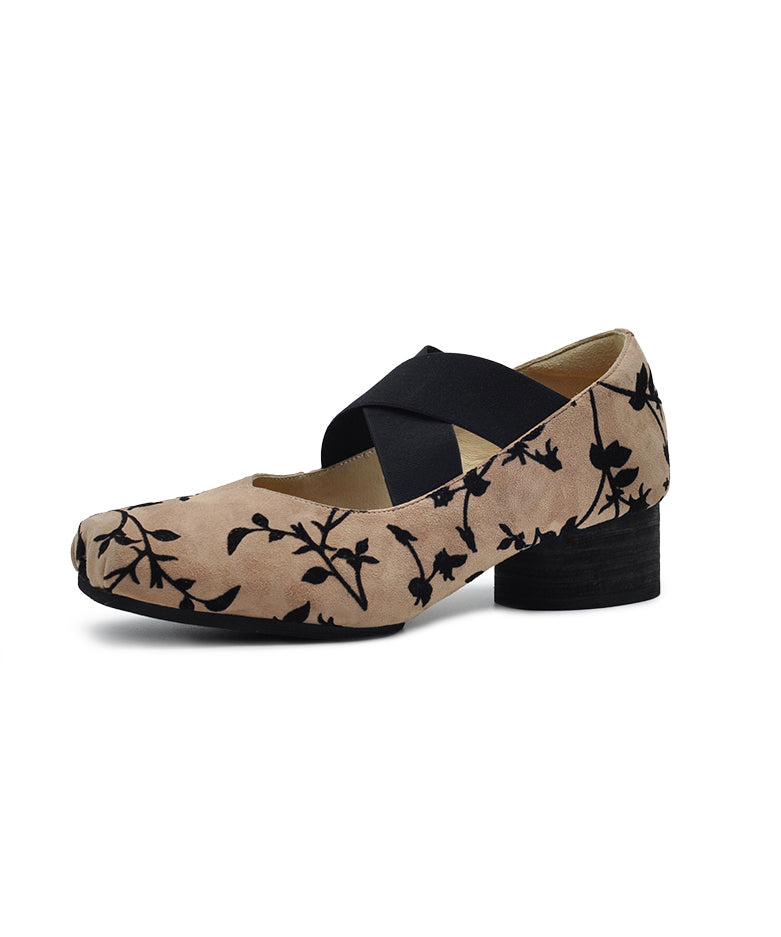 Retro Apricot Suede Elastic Cross Strap Chunky Heel