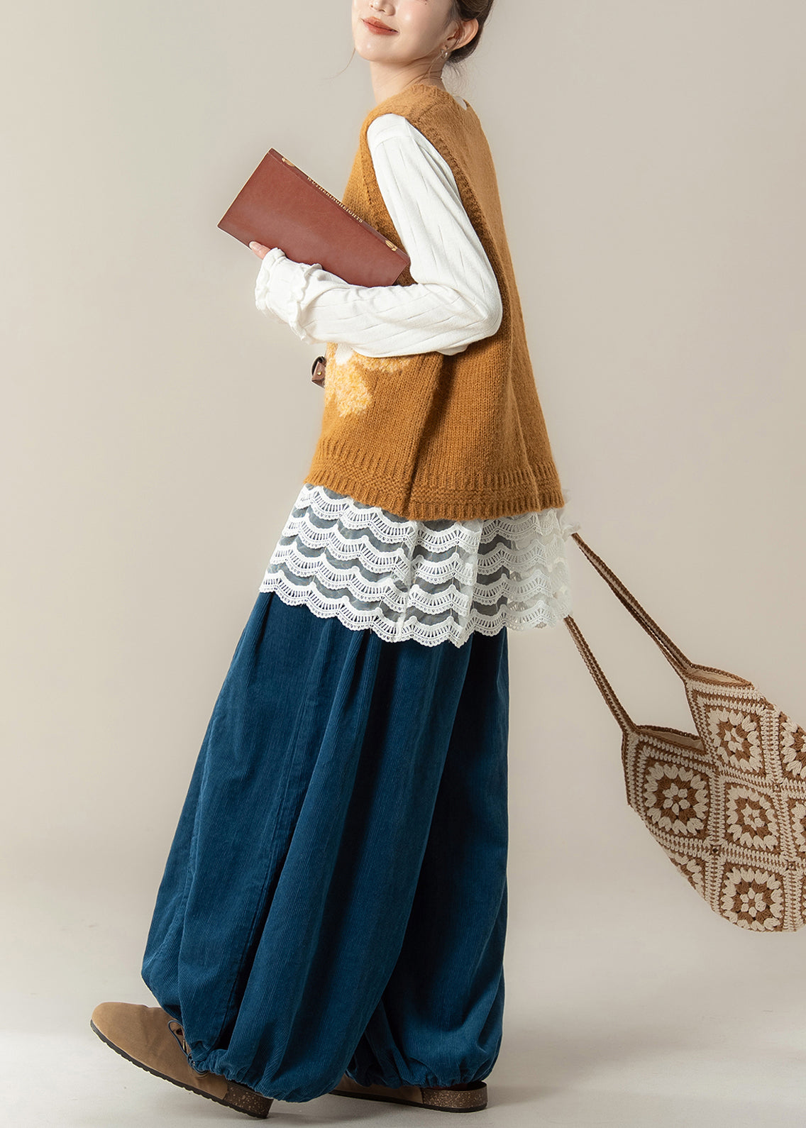 New Yellow V Neck Knit Vest Cotton T Shirt and Corduroy Pants 3 Piece Set Spring