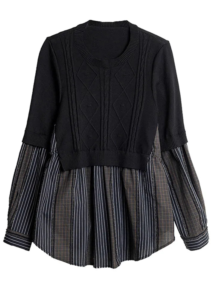 Black O-neck Fake Two Pieces Cotton Knit Patchwork Top Spring