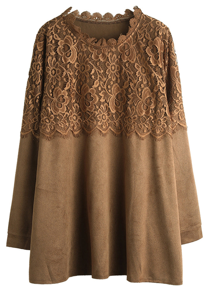 Coffee O Neck Lace Patchwork Top Long Sleeve