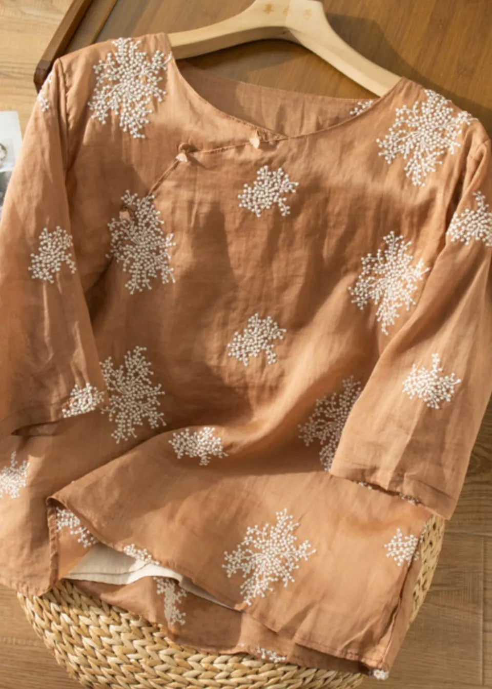 Beige O-neck Embroidered Linen Shirt Top Summer