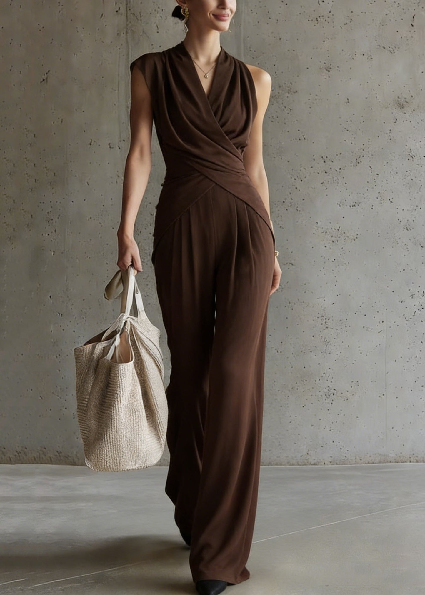 Loose Coffee Wrinkled Tops and Wide Leg Pants Silk Two-piece Set Summer