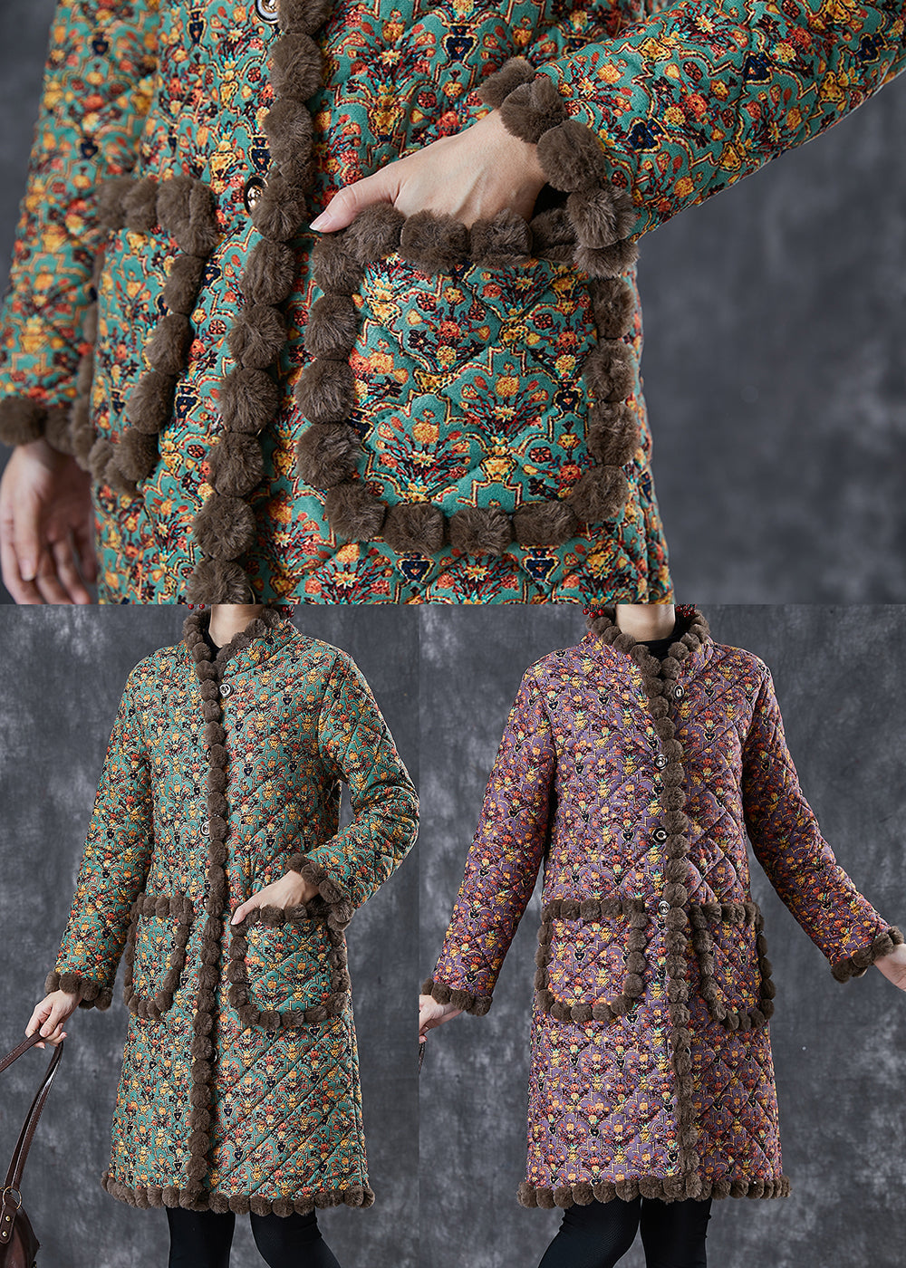 Purple Print Warm Fleece Coat Oversized Stand Collar Winter