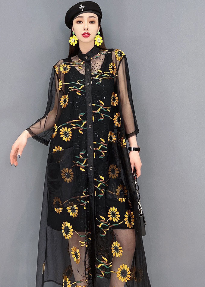 Black Hollow Out Print Tulle Upf 50+ Long Shirt Dress Summer