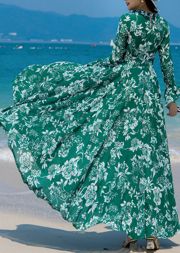 Slim Fit Green Turtleneck Print Chiffon Long Beach a Line Dresses Spring