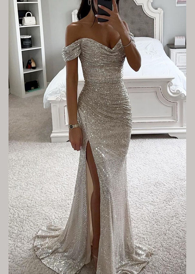 New Wine Red Slash Neck Side Open Sequins Party Dress Summer