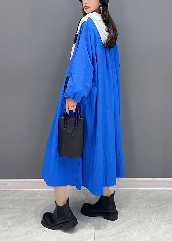 Blue Hooded Pockets Patchwork Long Coat Fall