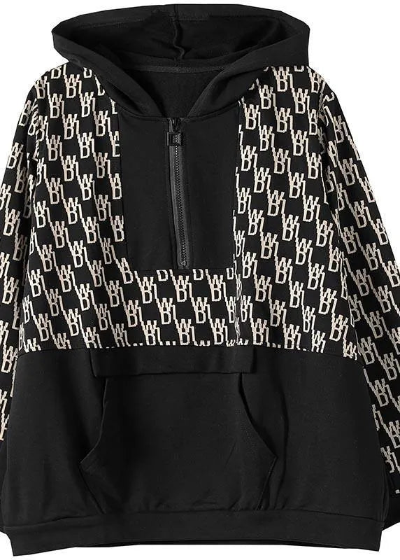 Black Print Tunics for Hooded Pockets Spring Tops