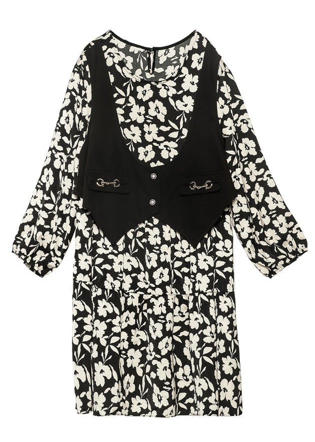 Black Oversized Patchwork Fake Two Piece Dress Spring
