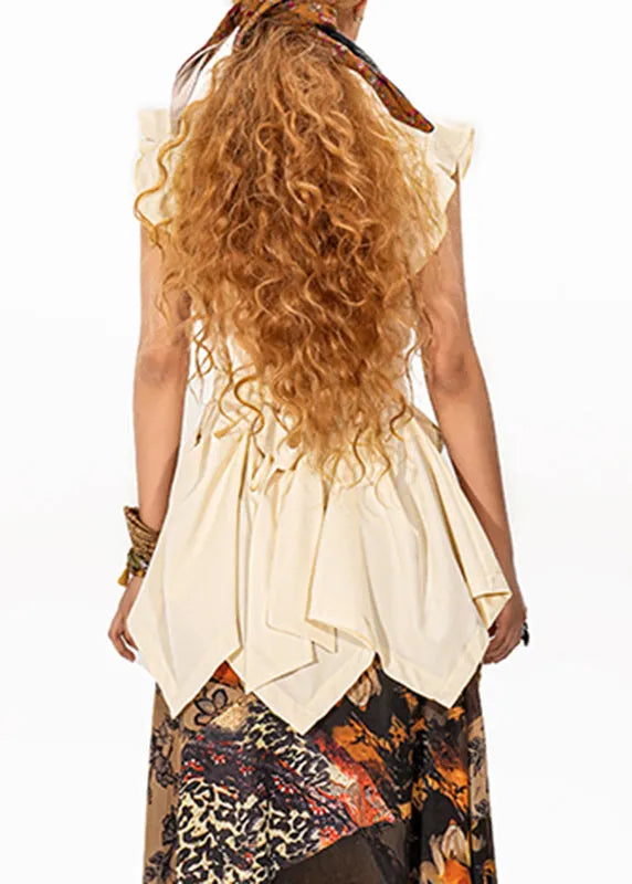 Beige Ruffled Patchwork Asymmetrical Top Sleeveless