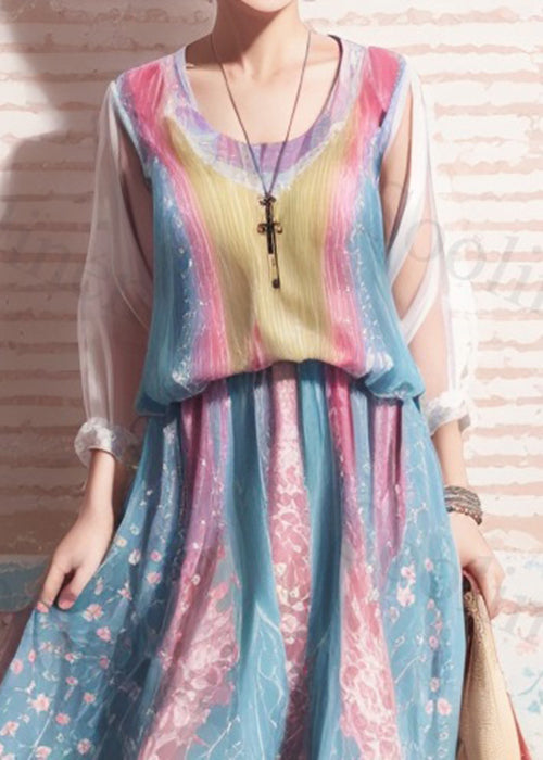 Colorblock Print High Waist Silk Dresses Summer
