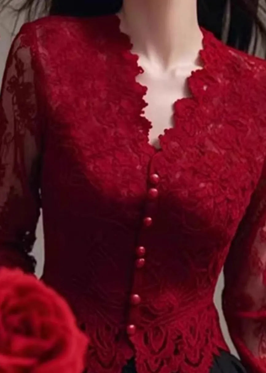 French Red V Neck Slim Fit Lace Shirt Tops Spring