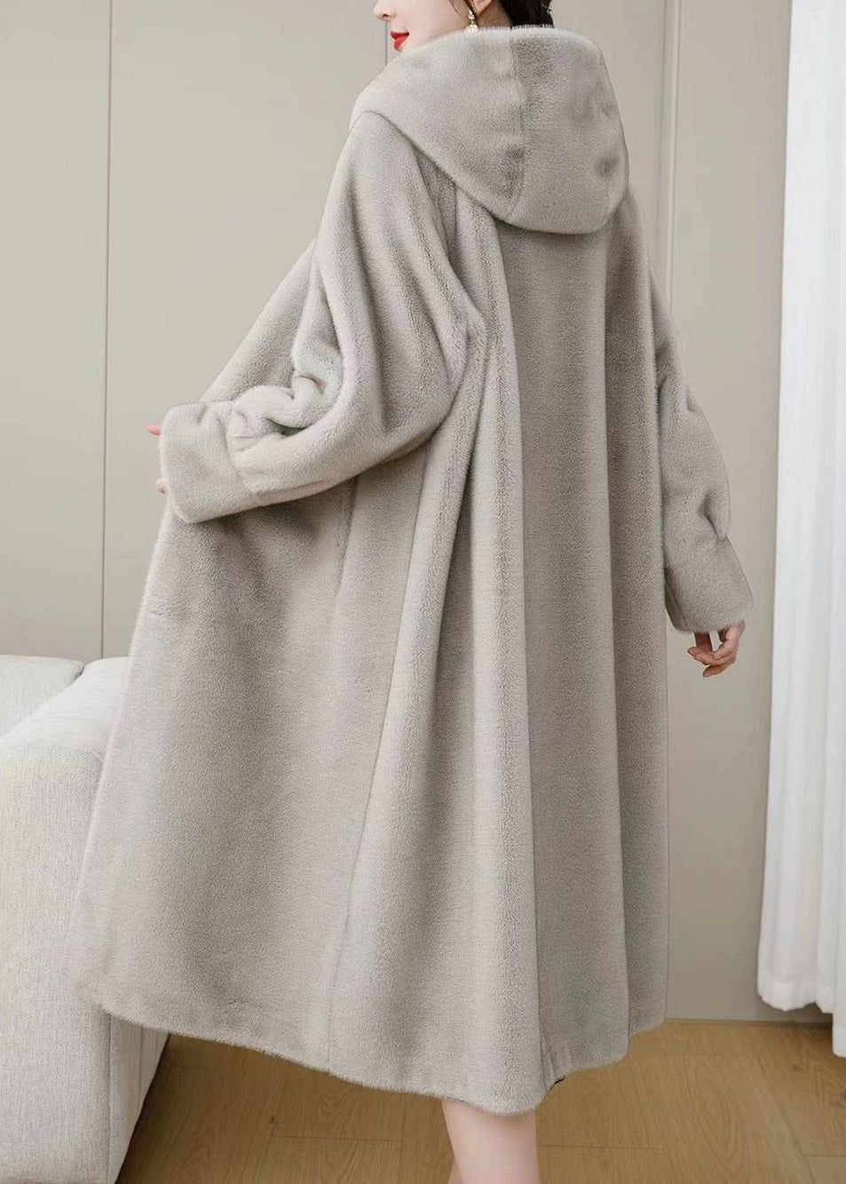 Loose Purple Hooded Pockets Mink Hair Coats Winter