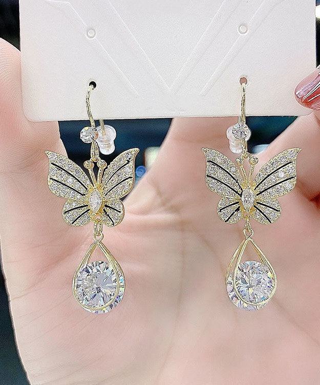 Gold Alloy Zircon Crystal Butterfly Water Drop Drop Earrings