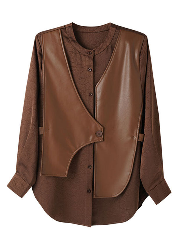 Boutique Coffee O-neck Pu Patchwork Fake Two Pieces Satin Shirt Long Sleeve