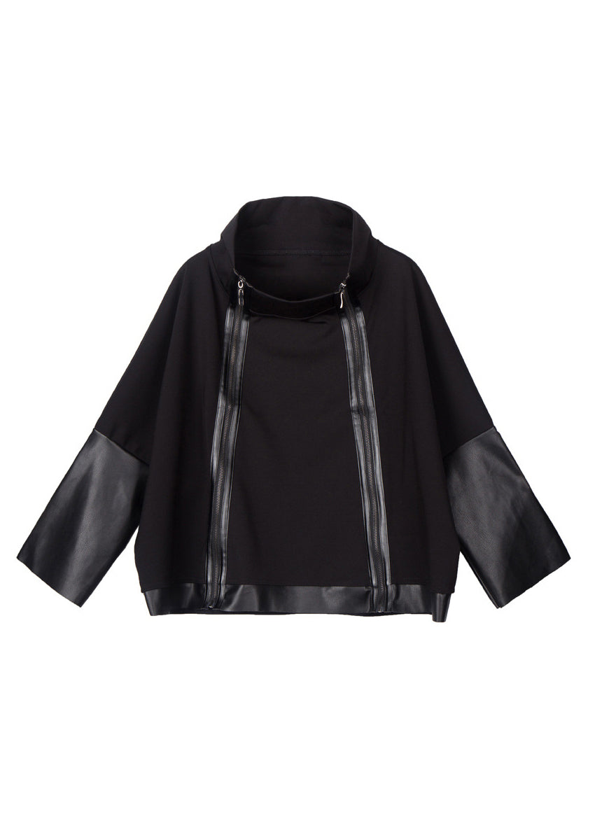 Black Stand Collar Zip Up Faux Leather Patchwork Coat Long Sleeve