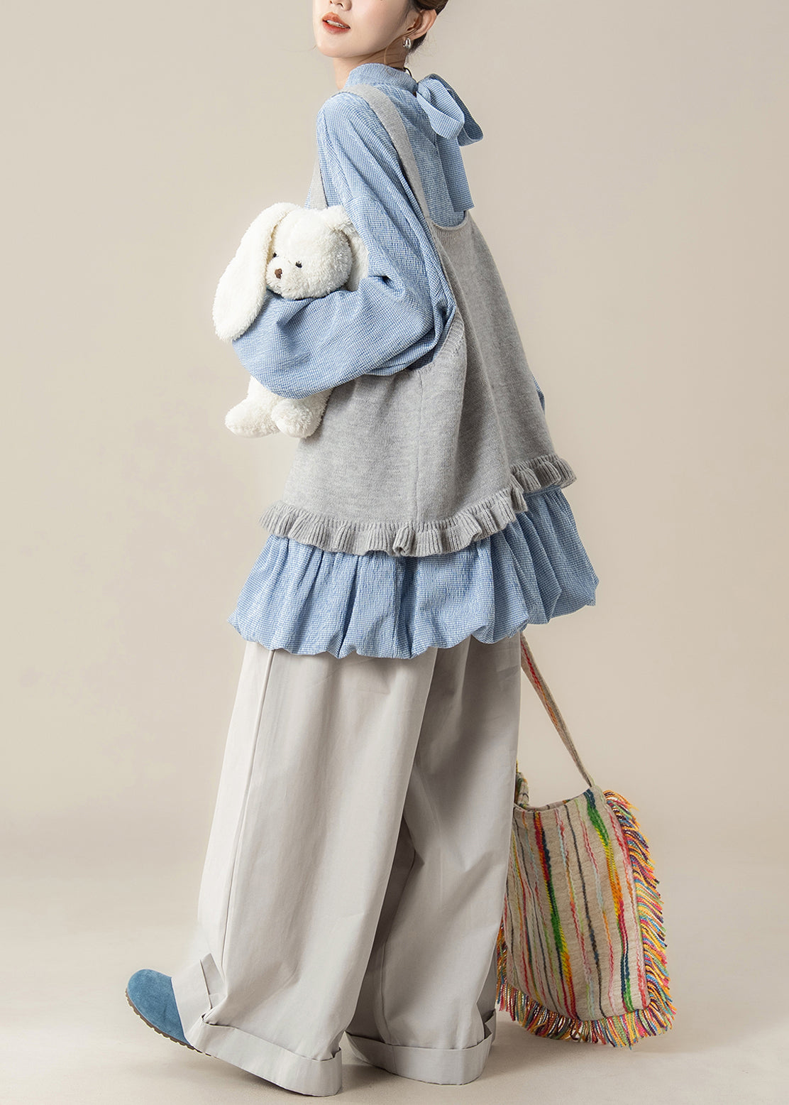 Loose Grey Ruffled Knit Vest Blue Lace Up Tops and Pants Cotton Three Piece Set Fall