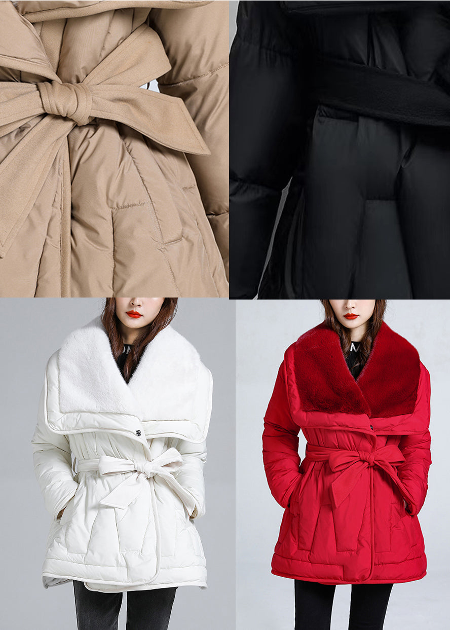 French Black Peter Pan Collar Tie Waist Duck Down Jacket in Winter
