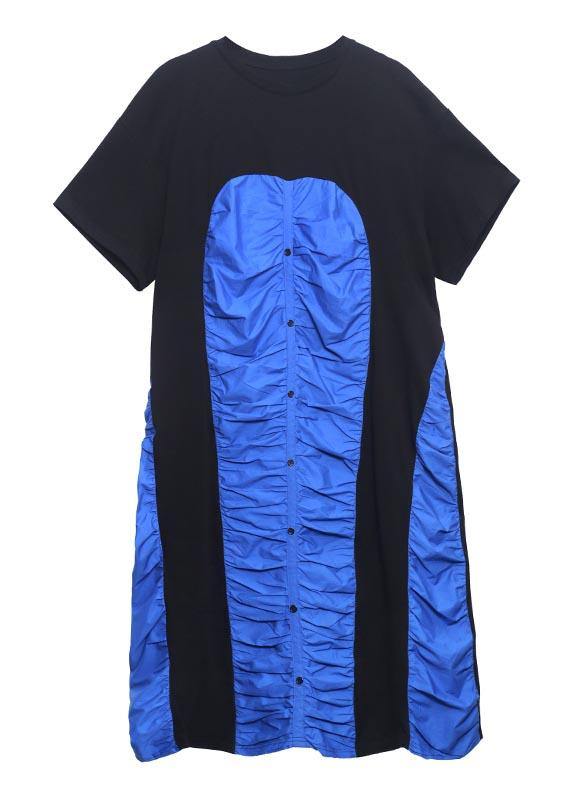 Black Patchwork Blue O-neck Long Summer Cotton Dress