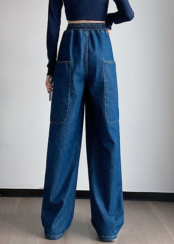 French Navy Elastic Waist Big Pockets Cotton Wide Leg Pants Summer