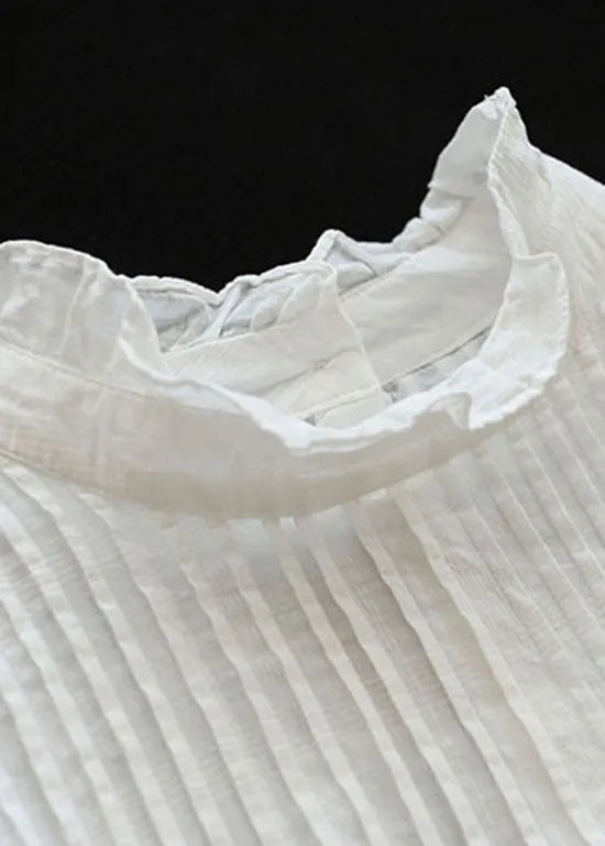 French White Ruffled Patchwork Cotton Shirt Top Long Sleeve Fall