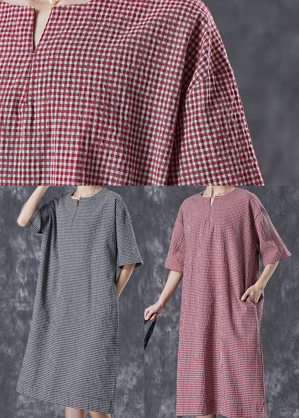 Black Oversized Plaid Cotton Maxi Dresses Summer