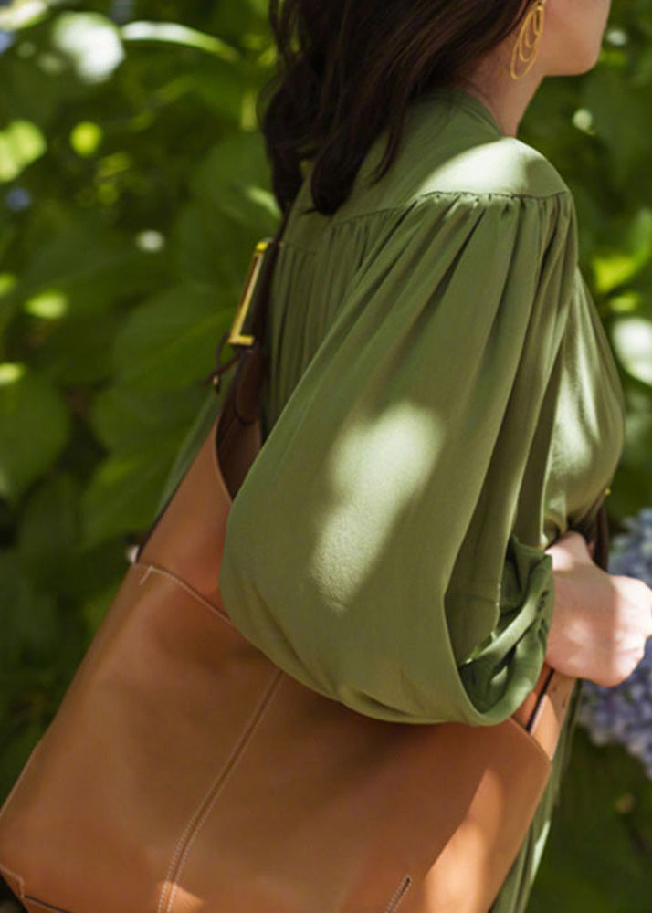 Fashio Green O-neck Cinched Wrinkled Chiffon Maxi Dress Spring