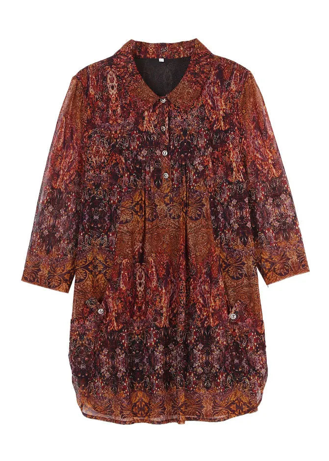 Brown Peter Pan Collar Print Button Silk Shirt Top Bracelet Sleeve