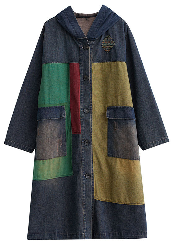 Colorblock Patchwork Button Hooded Denim Trench Coat Long Sleeve