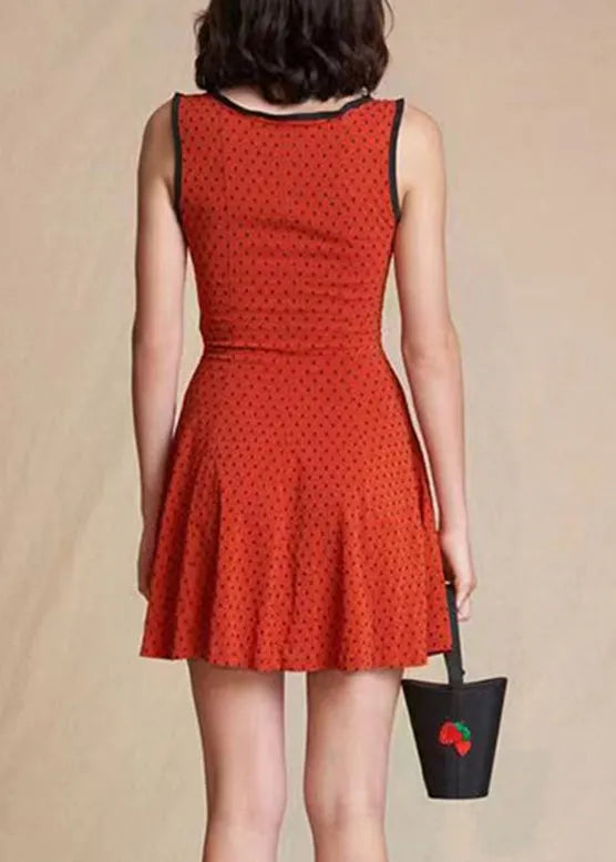 Slim Fit Red Square Collar Dot Print Spaghetti Strap Mid Dress Sleeveless Summer