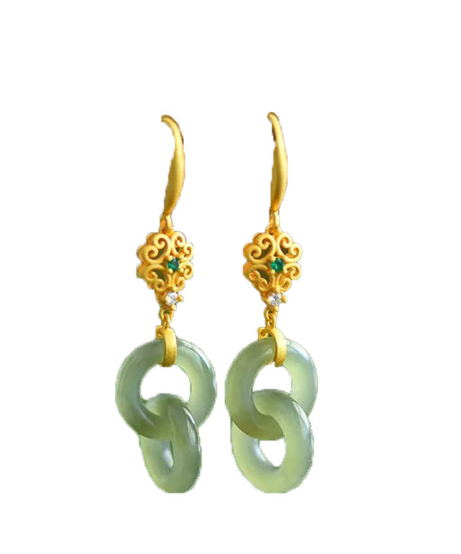 Light Green Sterling Silver Overgild Double Ring Jade Zircon Drop Earrings Gh1020