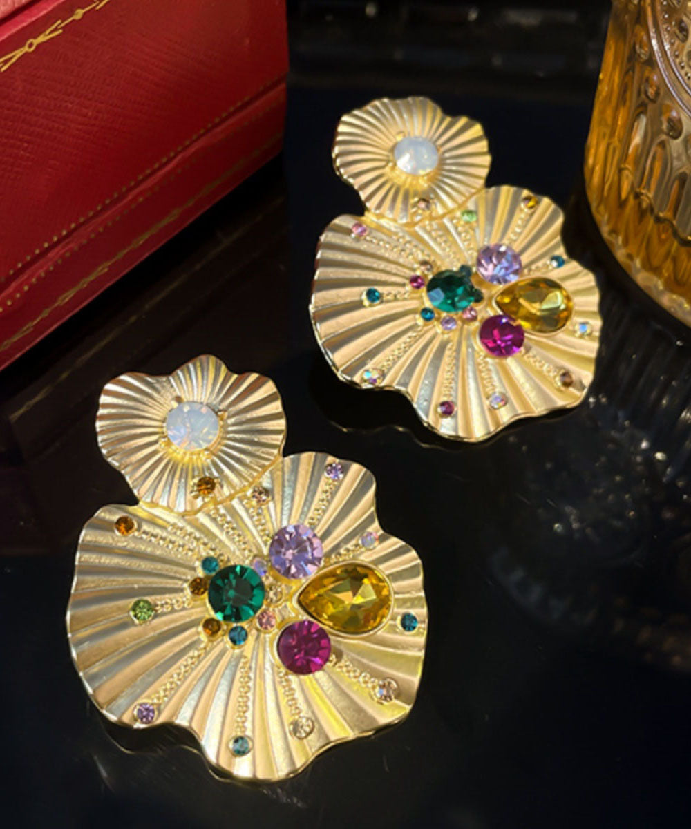 Yellow Alloy Inlaid Pearl Gem Stone Stud Earrings