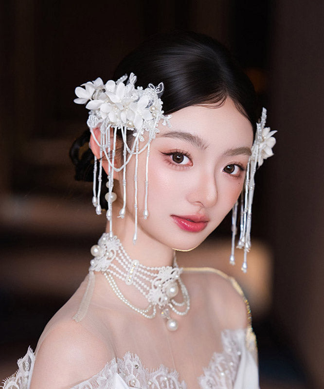 Classy White Lace Lily of the Valley Pearl Tassel a Pair Hairpin